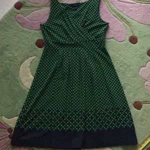 Lands’ End mock wrap (top) navy with Kelly green polka dots dress